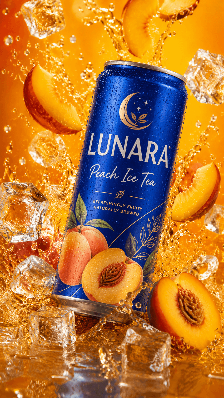 KI-generiertes Produktbild: Getränkedose „Lunara Peach Ice Tea“ mit Pfirsichen und Eiswürfeln
