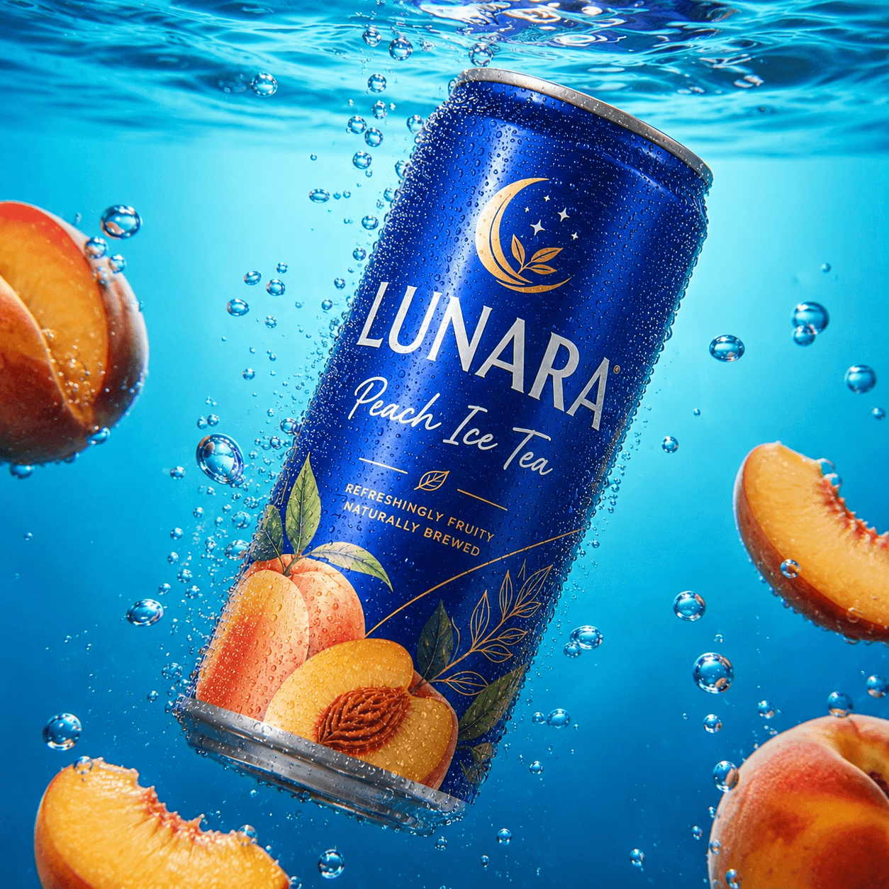 KI-generiertes Produktbild: Nahaufnahme der Dose „Lunara Peach Ice Tea“ mit Pfirsichspalte