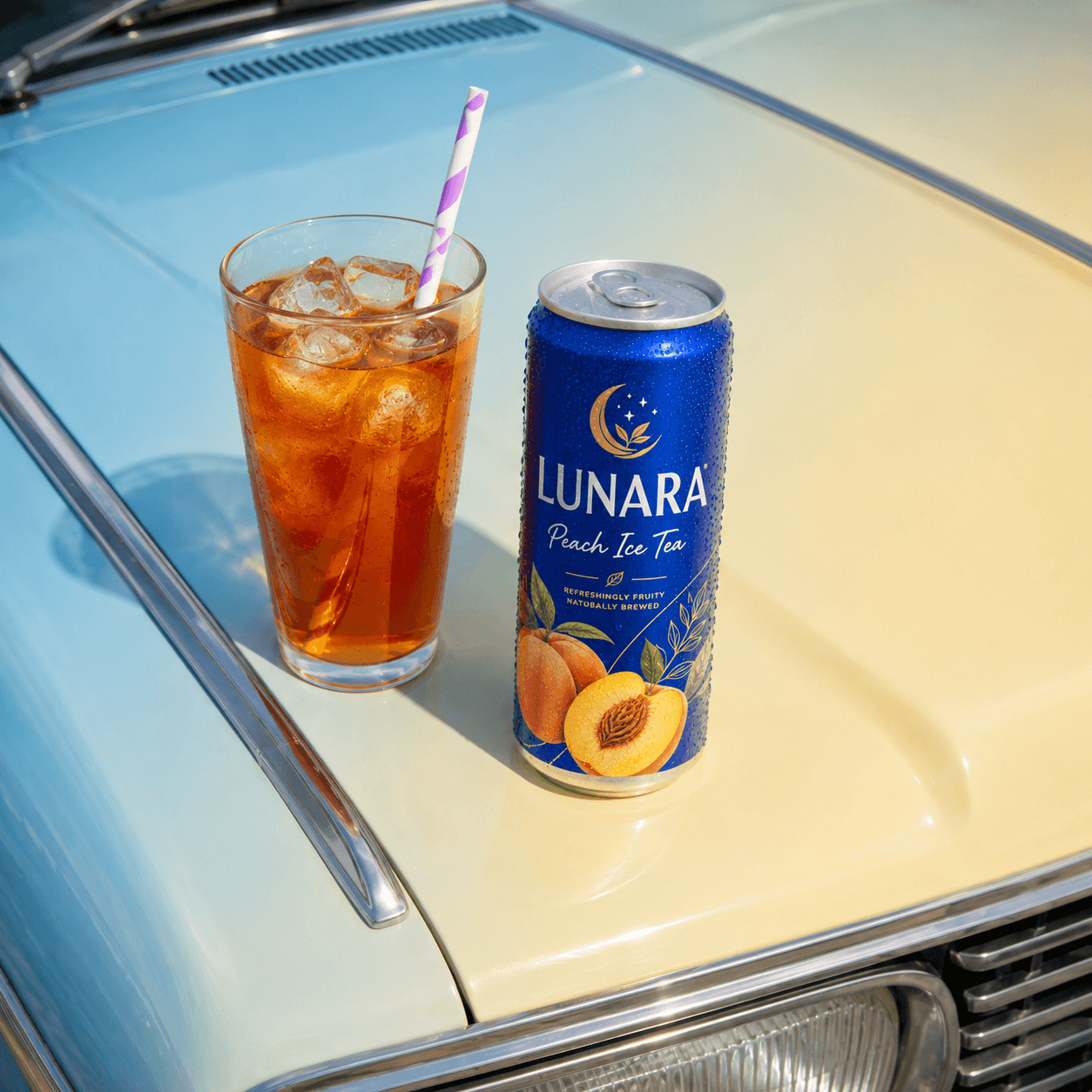 KI-generiertes Produktbild: Hand mit Ringen hält die Dose „Lunara Peach Ice Tea“ vor blauem Hintergrund