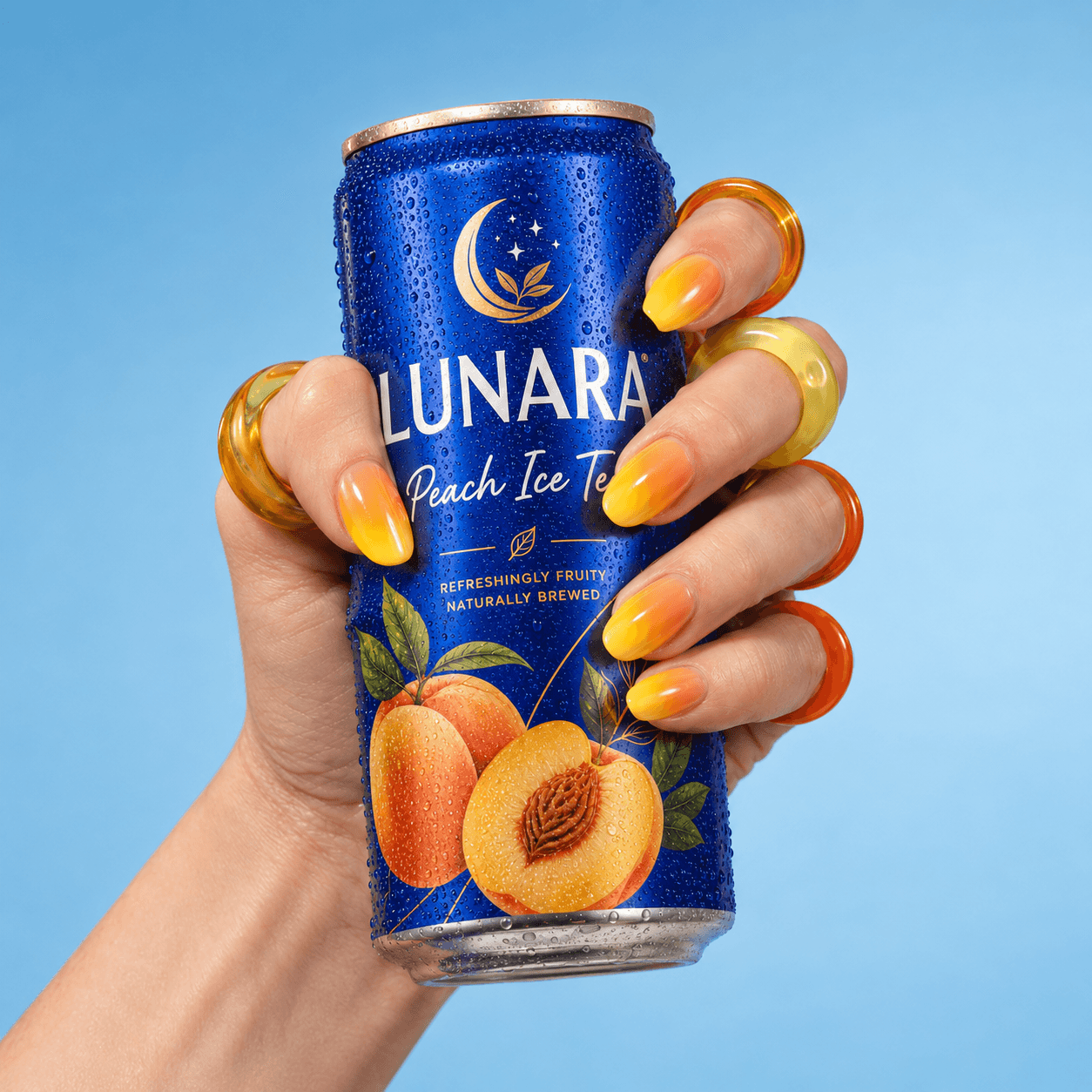 KI-generiertes Produktbild: Model trinkt aus der Dose „Lunara Peach Ice Tea“