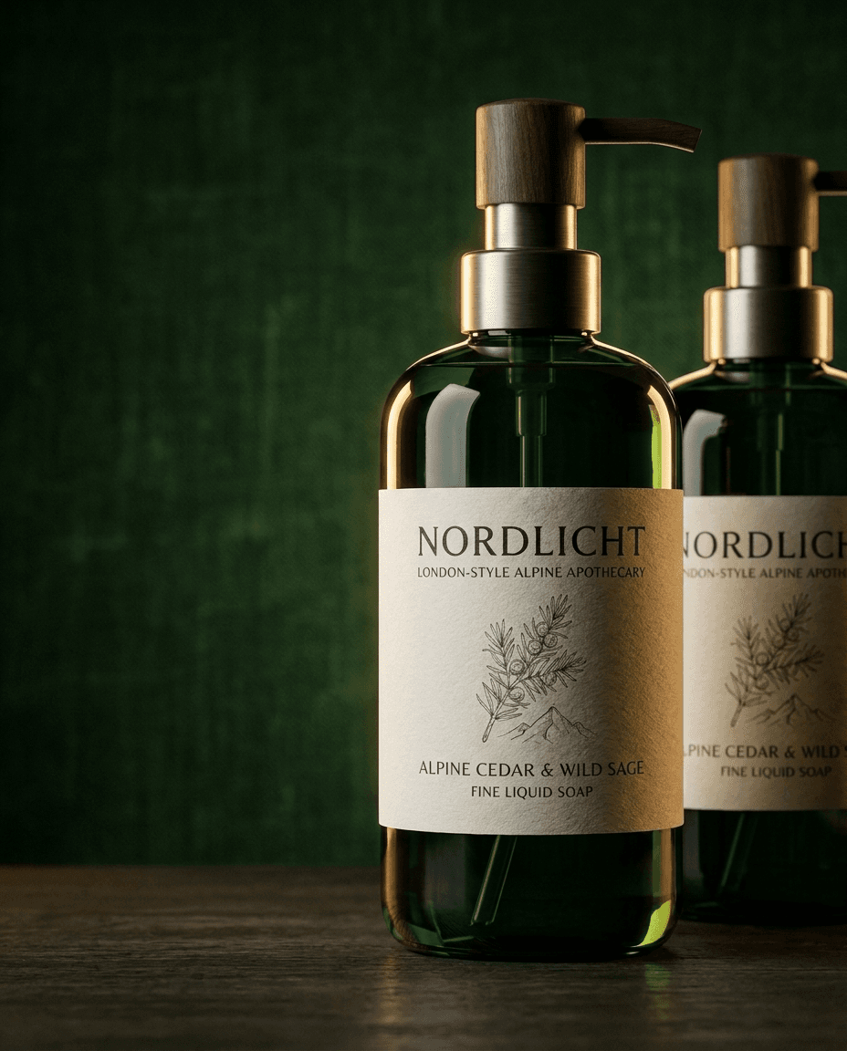 KI-generiertes Produktbild: zwei Seifenspender „Nordlicht“ mit dramatischem Streiflicht