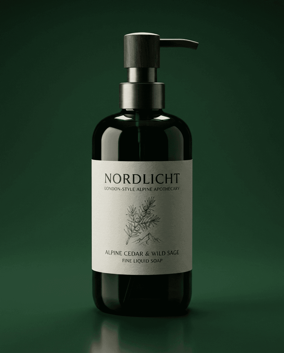 KI-generiertes Produktbild: Seifenspender „Nordlicht“ vor dunkelgrünem Studio-Hintergrund
